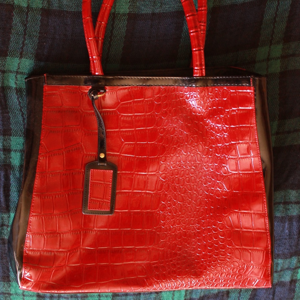 Black & red alligator print bag
